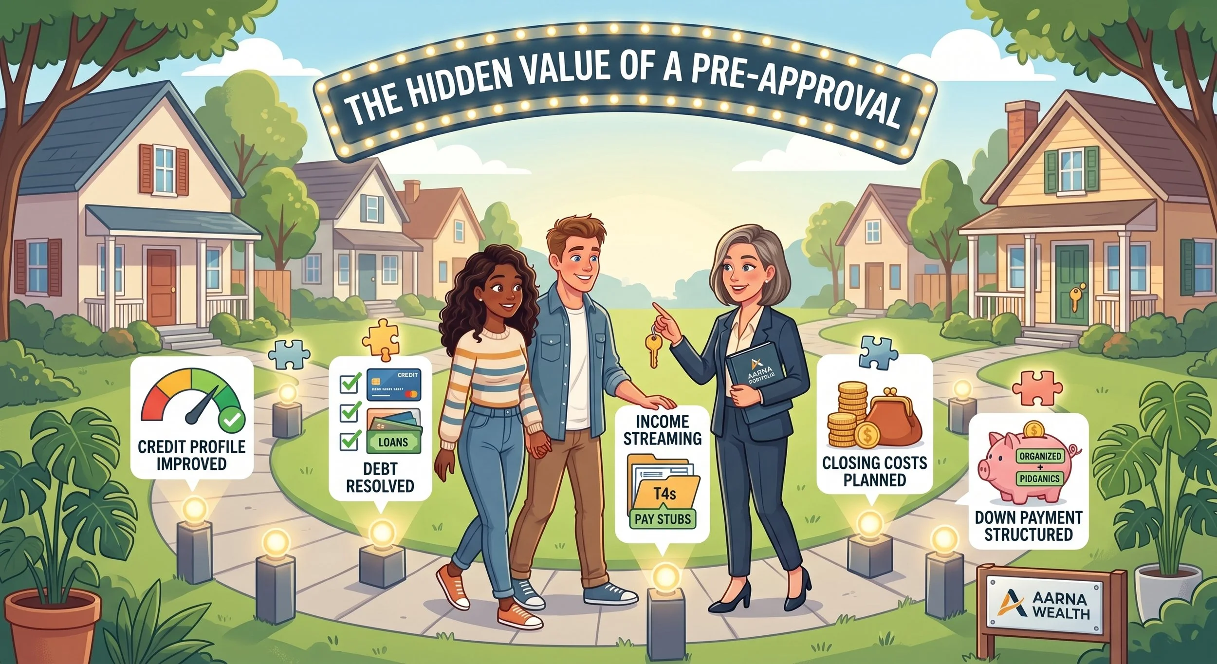 A colorful illustration showing three people in a neighborhood, discussing home financial planning. There are houses, trees, and puzzle pieces representing financial progress, with labels about credit profile improvement, debt resolution, income streaming, closing costs planned, and down payment structured.
