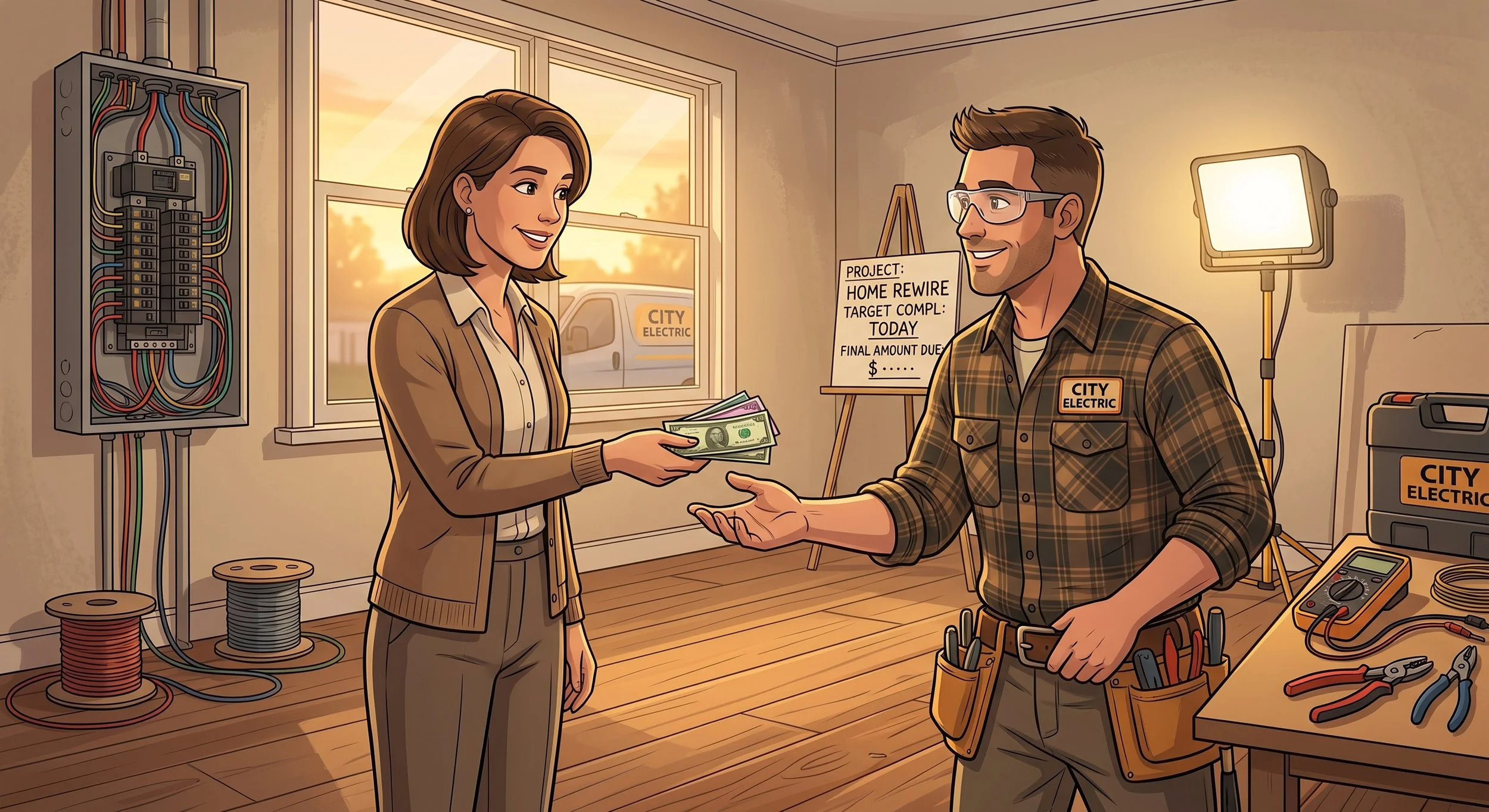 A woman in business attire exchanging cash with a male electrician with a tool belt inside a room with electrical equipment and tools, during sunset.