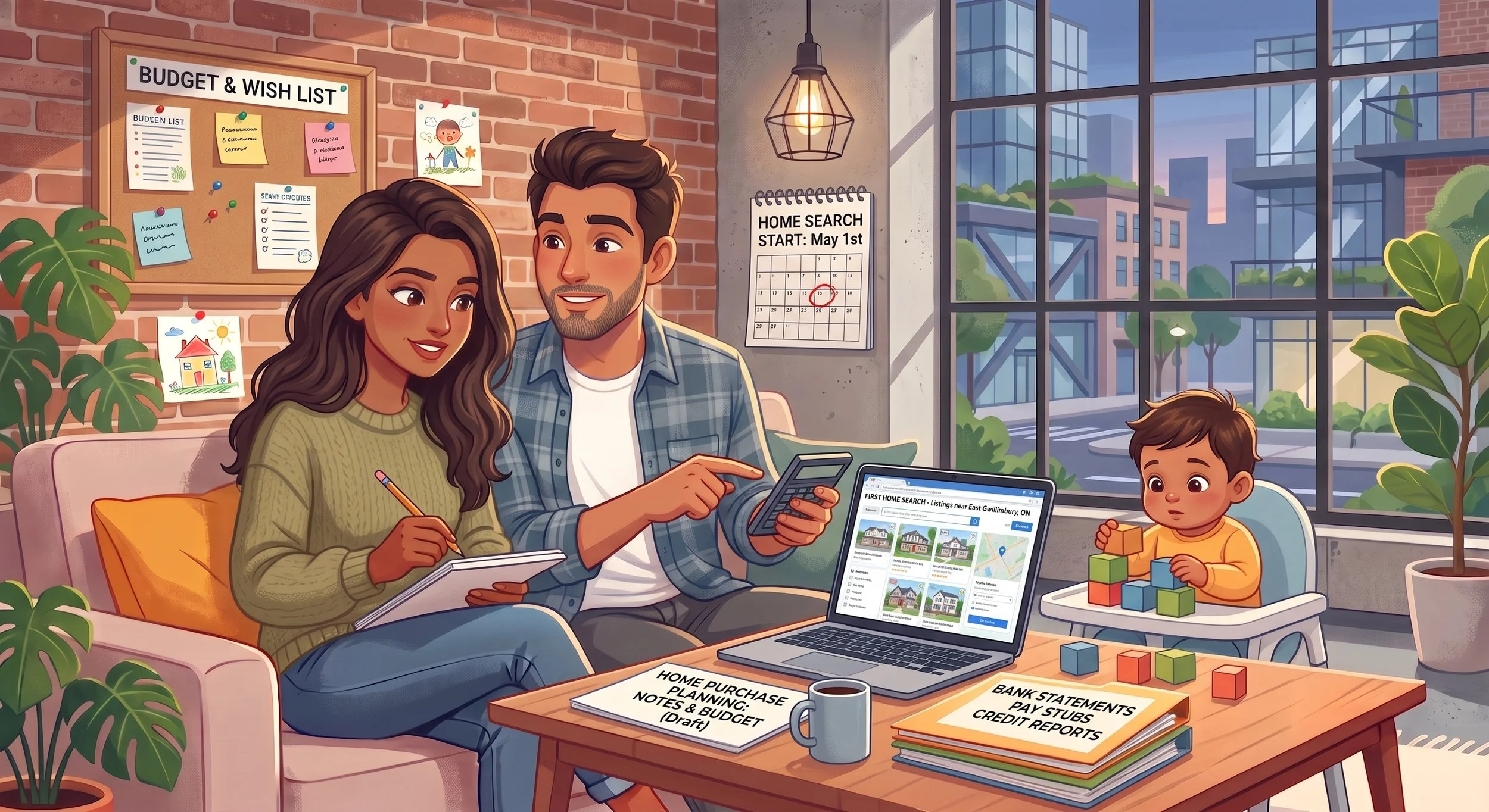 A family planning a home purchase in a modern apartment with large windows showing city buildings. The mother and father sit on a pink sofa, with the father pointing at a calculator while the mother writes in a notebook. Their young child is playing with building blocks nearby. The table in front of them has documents labeled "Home Purchase Planning Notes & Budget (Draft)," "Bank Statements, Pay Stubs, Credit Reports," and others. A laptop displays a listing for homes near East Gwillimbury, ON. A bulletin board on the brick wall behind them shows a budget and wish list, and a calendar marks May 13 as the start date of a home search.