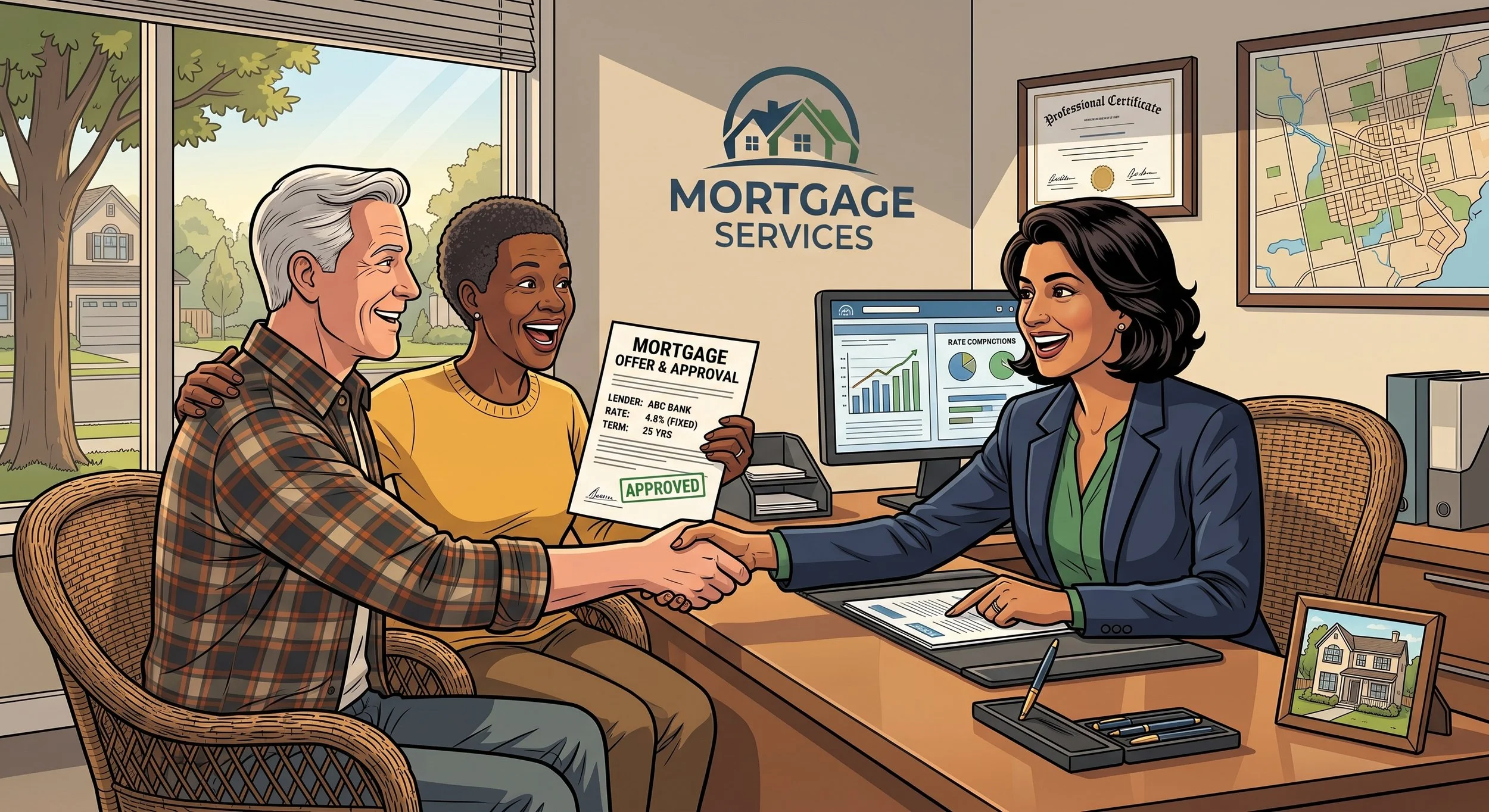 A couple sitting in a mortgage services office, holding a mortgage approval document, shaking hands with a female loan officer, with a computer and framed house picture on the desk, and framed certificates on the wall.