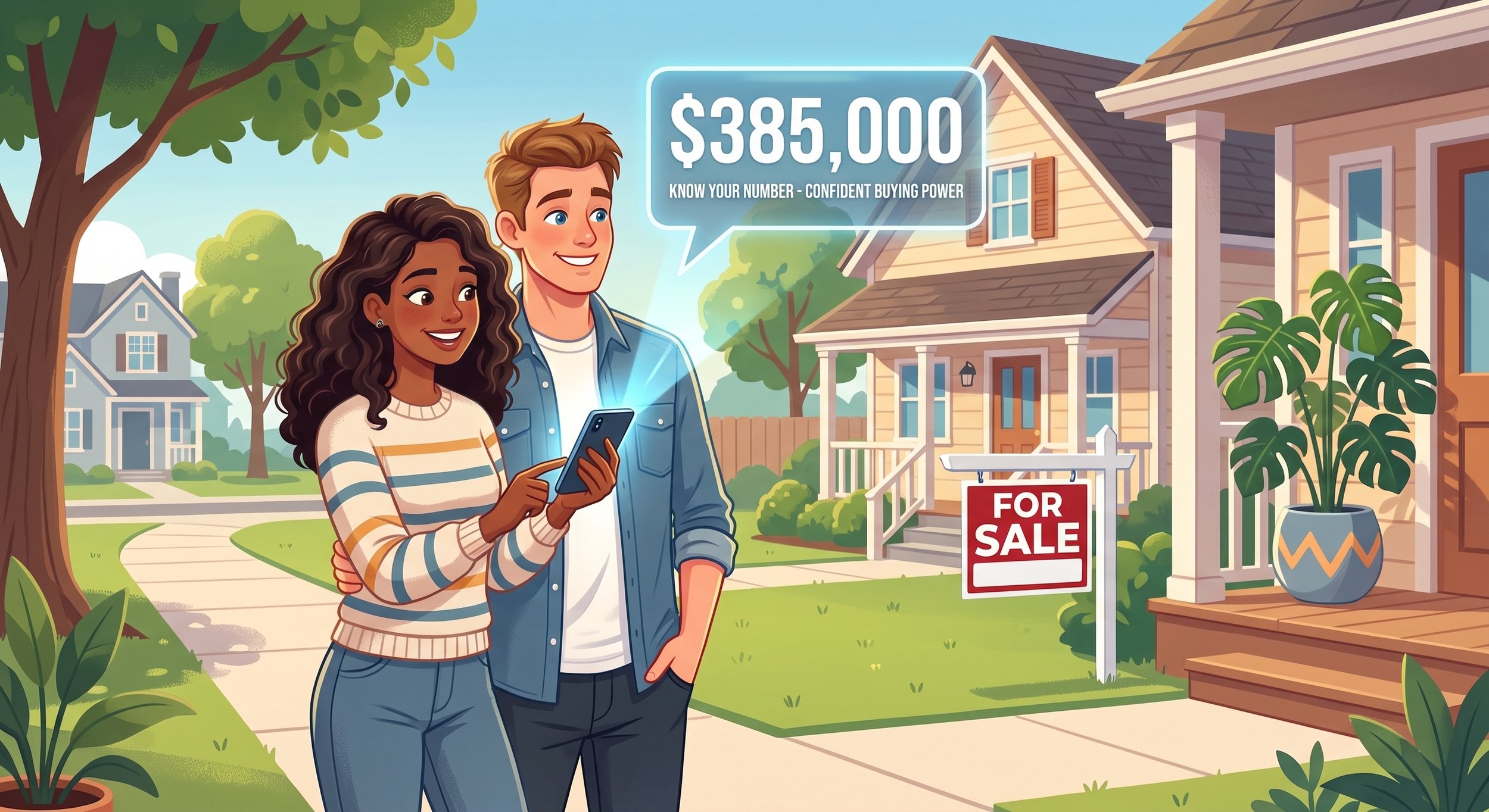 A happy couple standing outside a house with a 'For Sale' sign, looking at a smartphone; the house has a 'know your number - confident buying power' message with a $385,000 figure in a speech bubble.