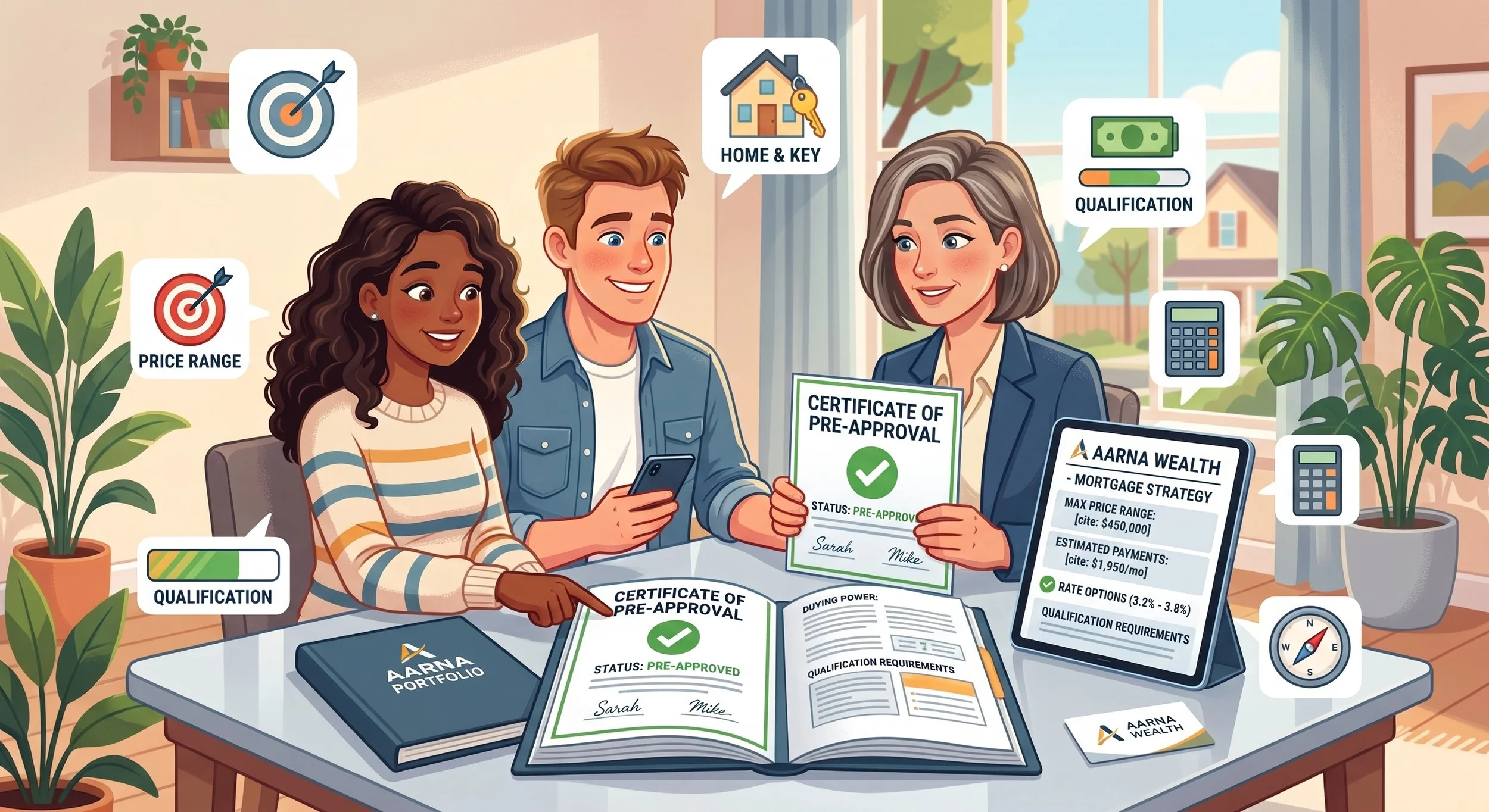 Two people sitting at a desk with paperwork, a laptop, and a tablet, discussing pre-approval for a mortgage. The woman holds a certificate of pre-approval, and a realtor or financial advisor is presenting information on a tablet, with various icons indicating target goals, qualification, and financial details.