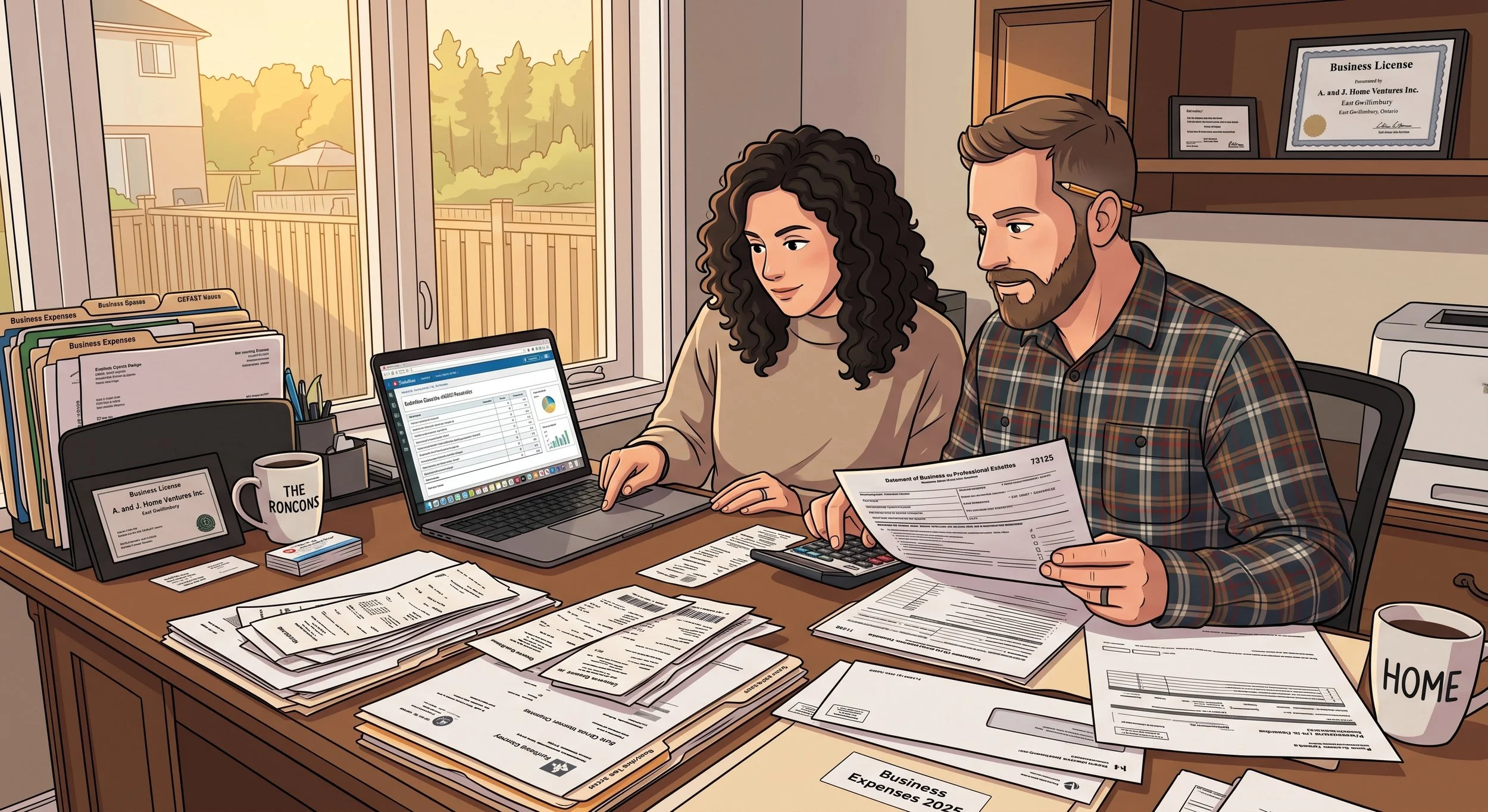 Two people, a woman with curly hair and a man with a beard, working together at a cluttered desk covered with papers, documents, a computer, and coffee mugs, with a window showing a backyard and trees outside.