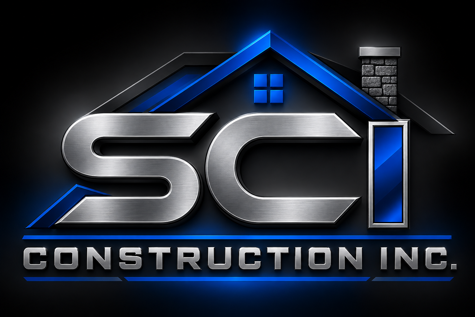 Logo for SCL Construction Inc., featuring metallic letters 'SCL' with a house roof outline, a window, and a brick chimney on a dark background.
