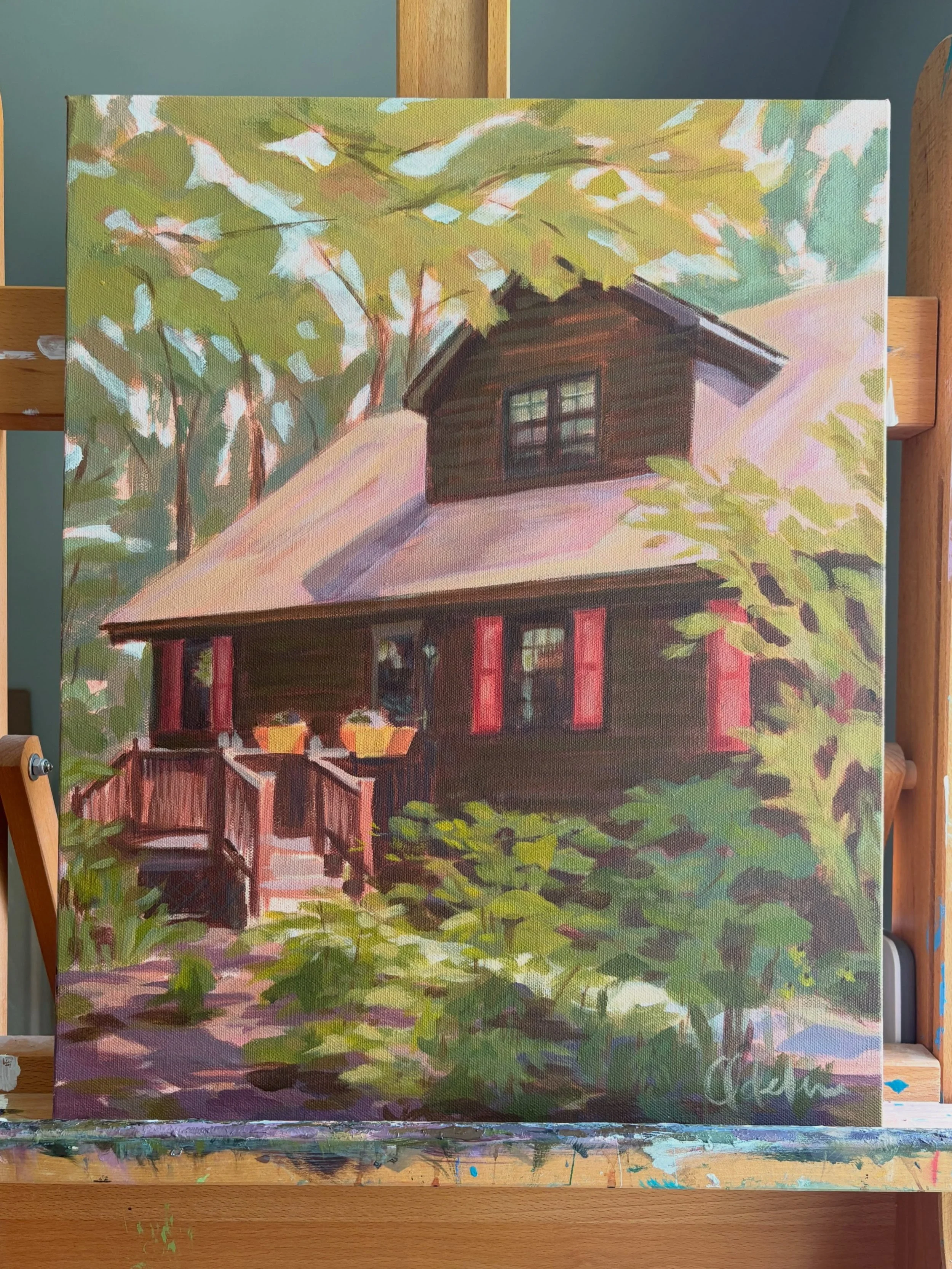 A cozy lakeside cabin tucked away in the trees. This commission went home yesterday, and I am missing it in the studio. One thing I am constantly trying to work on is loosing up a bit as I paint. I love how the more gestural trees in the background c