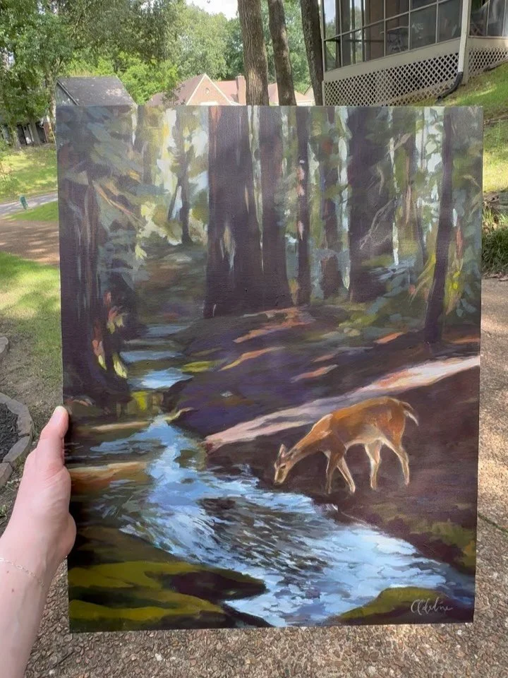 Latest commission and some progression photos. I got a lot of artistic choice with this one. My friend sent pictures of deer crossing the road as she drove up on a misty morning to her grandmother&rsquo;s house. She also wanted a piece inspired by ps