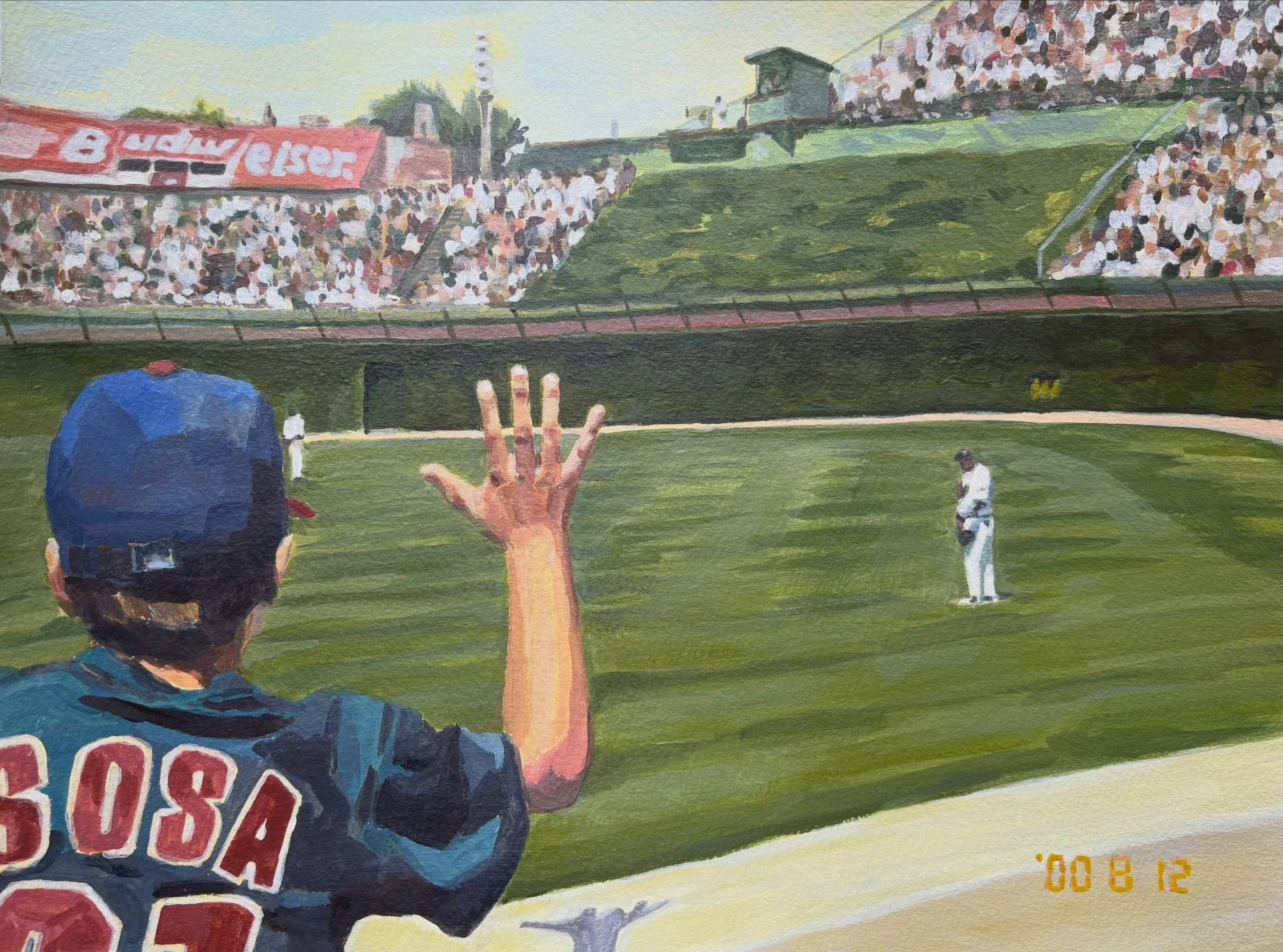 I got this commission request from someone who wanted to gift their spouse a painting of a favorite childhood memory. This painting tells such a fun story and is filled with nostalgia. I love the tonal shifts in the hat and jersey and the yellow unde