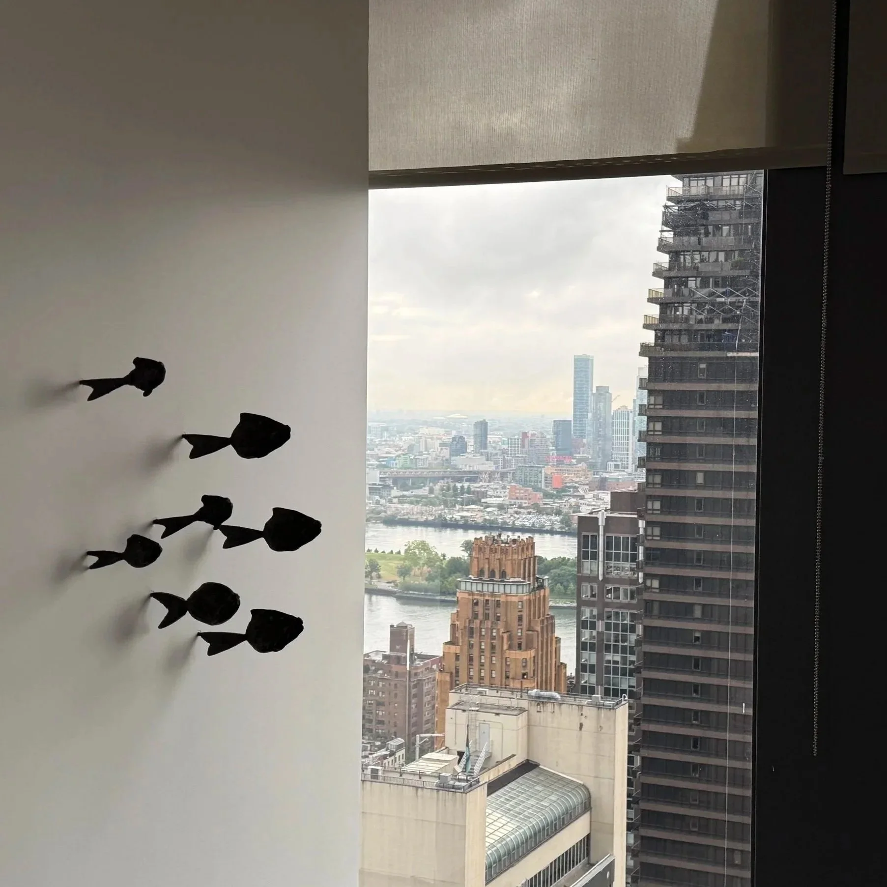 A view of a city skyline through a large window with an open beige shade. The skyline includes high-rise buildings, a river, and a distant point of clouds. Inside, on the white wall, there are decorative black silhouettes of fish shadows.