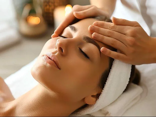 Woman receiving a facial massage in a spa setting.