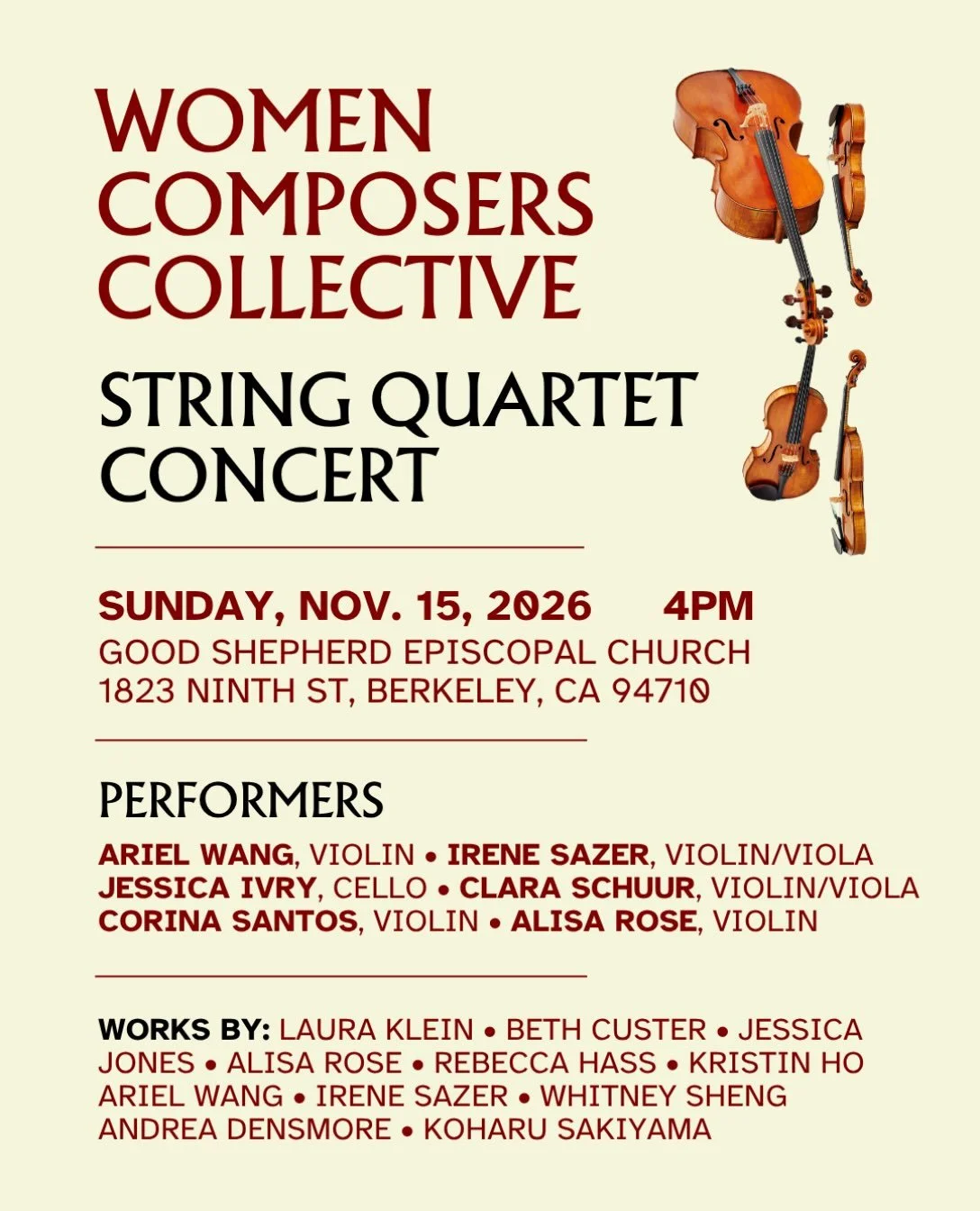 📆 SAVE THE DATE! 🎶 
We are excited to announce our next concert on Sunday Nov. 15th at 4pm at Good Shepherd Episcopal Church in Berkeley!  Featuring music by composers&nbsp;Whitney Sheng,&nbsp;Beth Custer,&nbsp;Jessica Jones,&nbsp;Rebecca Hass,&nbs