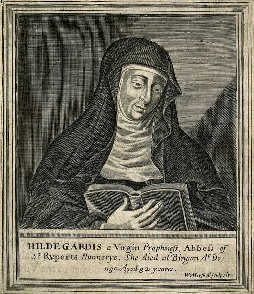 Engraved portrait of Hildegard of Bingen, a medieval nun, prophetess, and abbess, reading a book.
