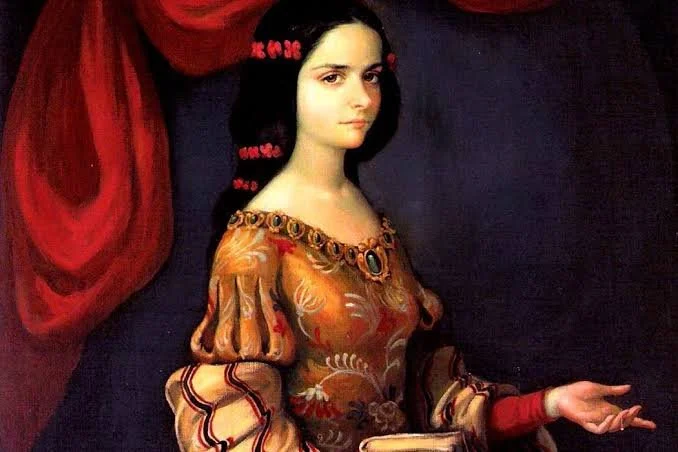 Portrait of a woman in an ornate Renaissance-style orange dress with red drapery and a dark background