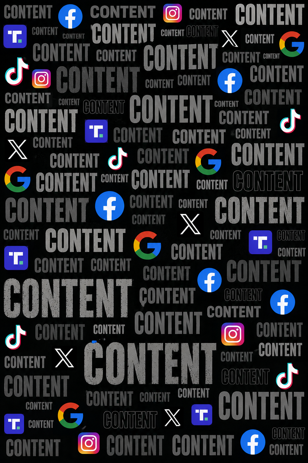 A black background with the words "CONTENT" and "CONTENT" repeatedly written in gray, along with the logos of Facebook, Instagram, TikTok, Google, and Telegram scattered throughout.