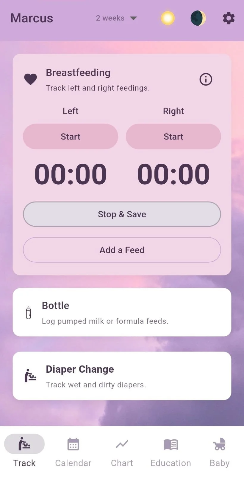 Mobile app interface for tracking breastfeeding, bottle feeding, and diaper changes for a baby named Marcus, with options to start timers, stop and save, add feeds, and view logs.