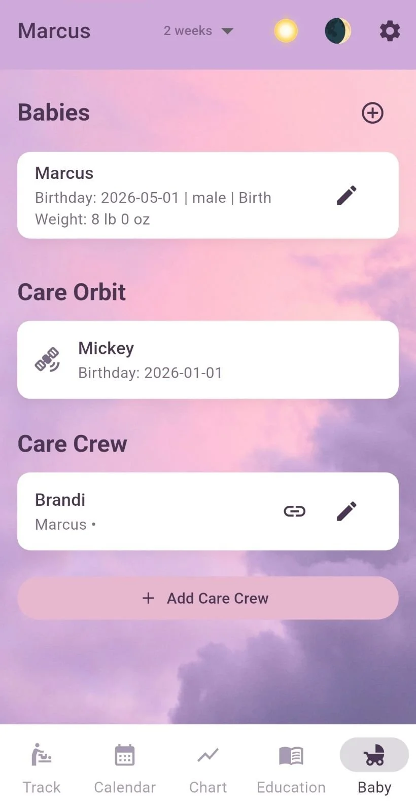 A mobile app screen showing a baby care management interface with sections for baby details, care orbit, care crew, and navigation icons at the bottom for track, calendar, chart, education, and baby.