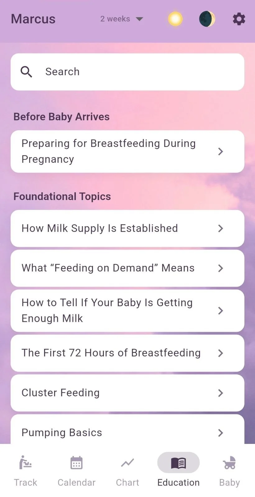 Screenshot of a mobile app interface focused on breastfeeding education, showing topics like preparing for breastfeeding during pregnancy, milk supply establishment, feeding on demand, and breastfeeding basics, with navigation icons at the bottom.
