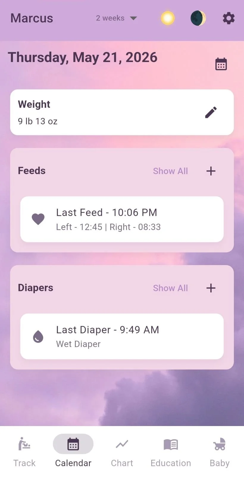 Mobile app screen displaying a baby care tracking app with the name Marcus, showing date Thursday, May 21, 2026. Sections include weight of 9 lb 13 oz, last feeding at 10:06 PM with times for left and right feed, and last diaper change at 9:49 AM indicating a wet diaper. Navigation icons at the bottom include Track, Calendar, Chart, Education, and Baby.