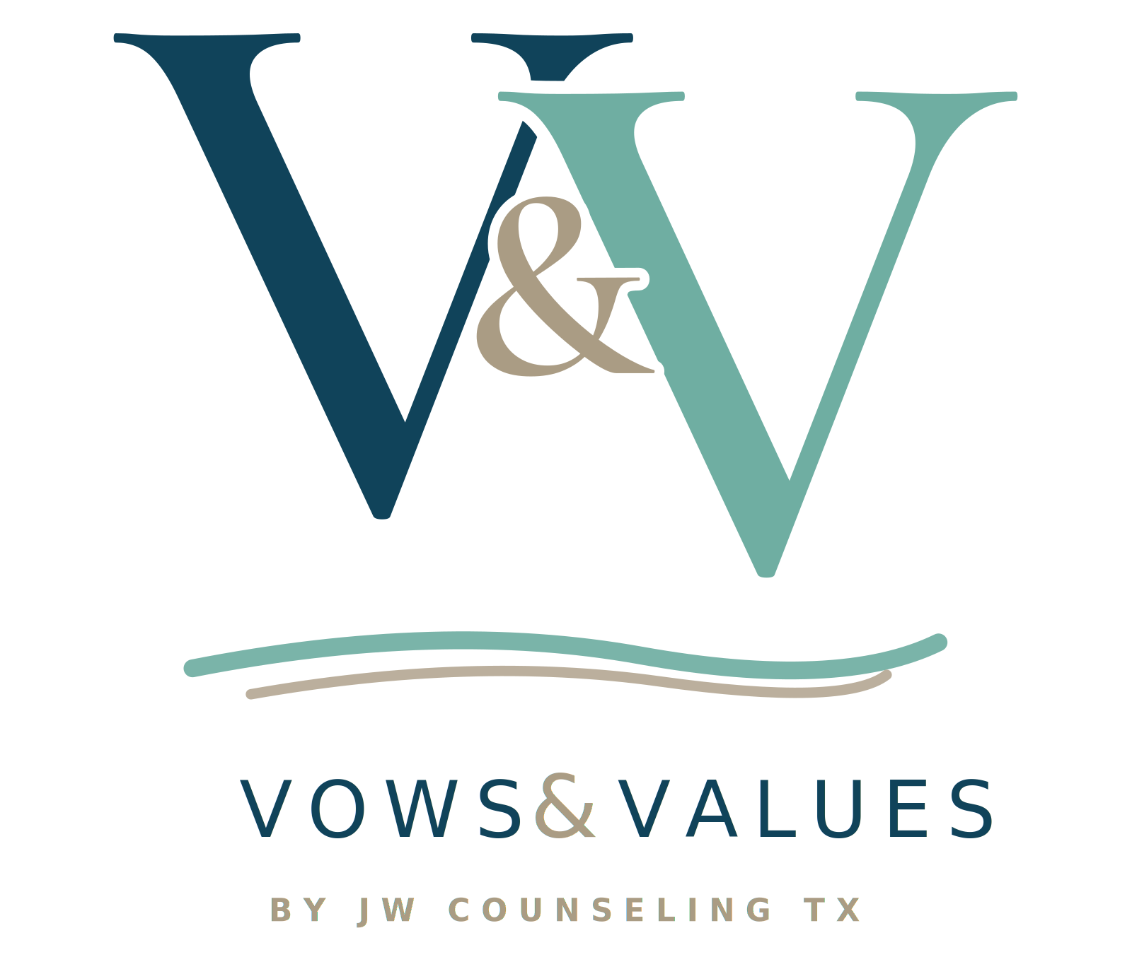 Logo for Vows & Values by JW Counseling TX, featuring stylized 'V' and 'W' letters with decorative lines.