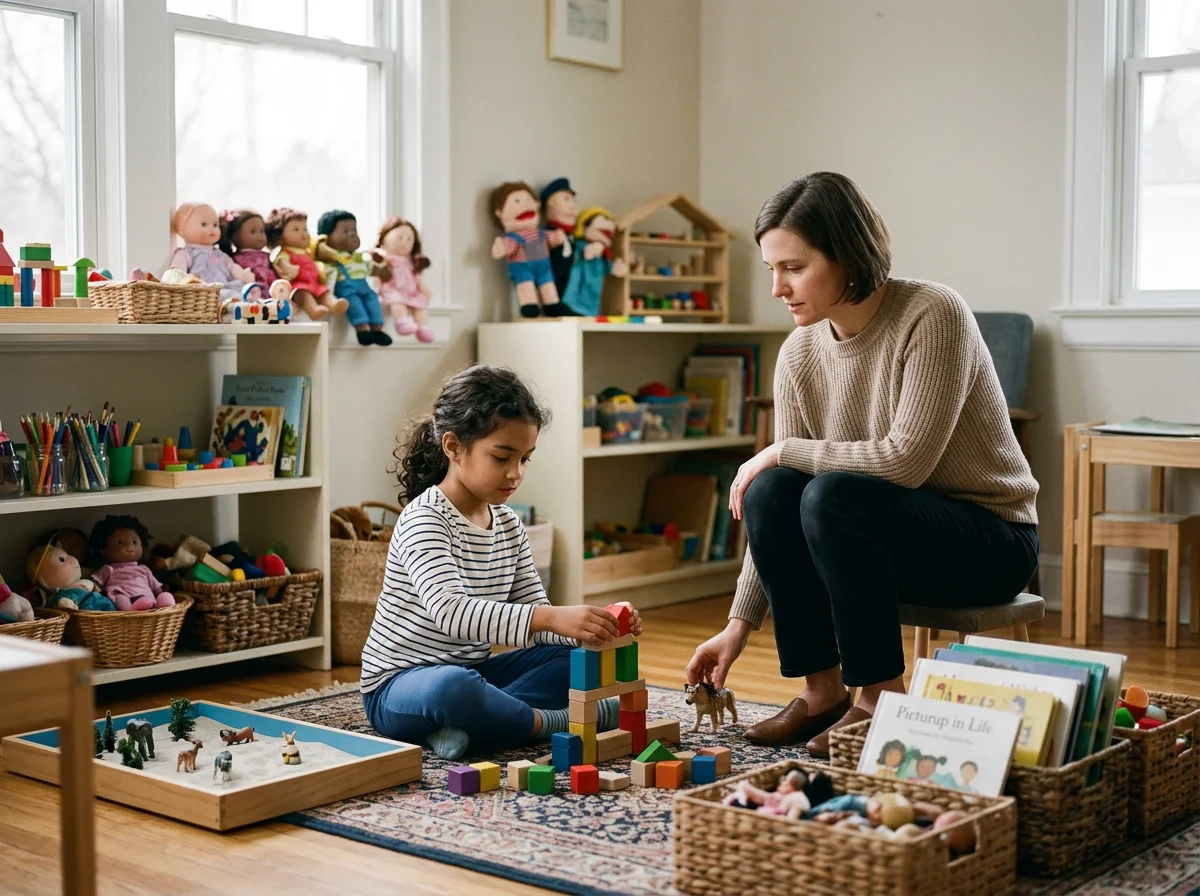 A woman and a girl playing with toy blocks and animals in a playroom with shelves of stuffed animals, books, and toys, and large windows letting in natural light.