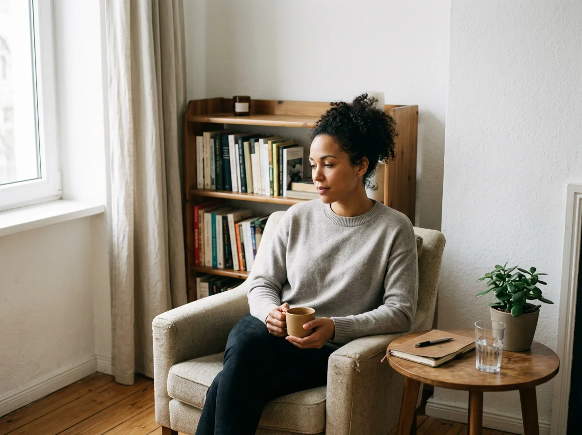 A woman sitting in a beige armchair holding a mug, next to a small wooden side table with a potted plant, a notebook, a pen, and a glass of water, in a cozy room with a bookshelf near a window.
