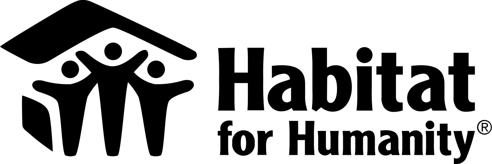 Black logo of Habitat for Humanity with stylized human figures under a roof, next to the text 'Habitat for Humanity'