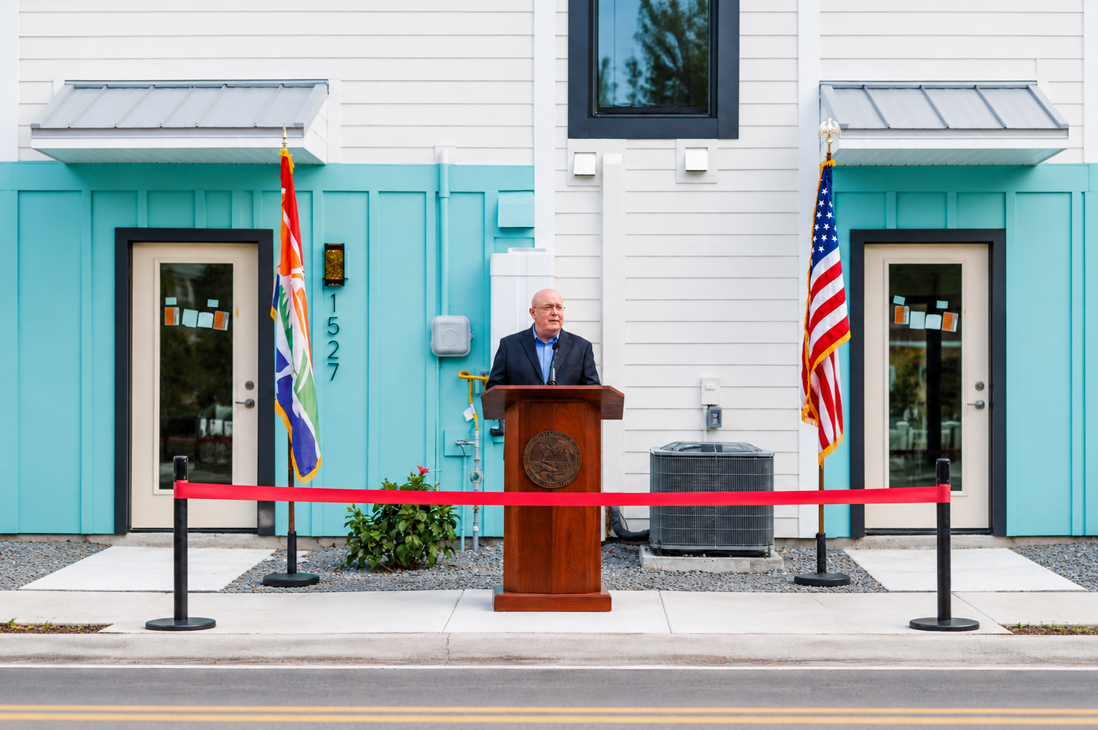 Man in suit giving speech at outdoor podium with Flags of the United States and LGBTQ+ pride flag, in front of colorful building with address 1527.