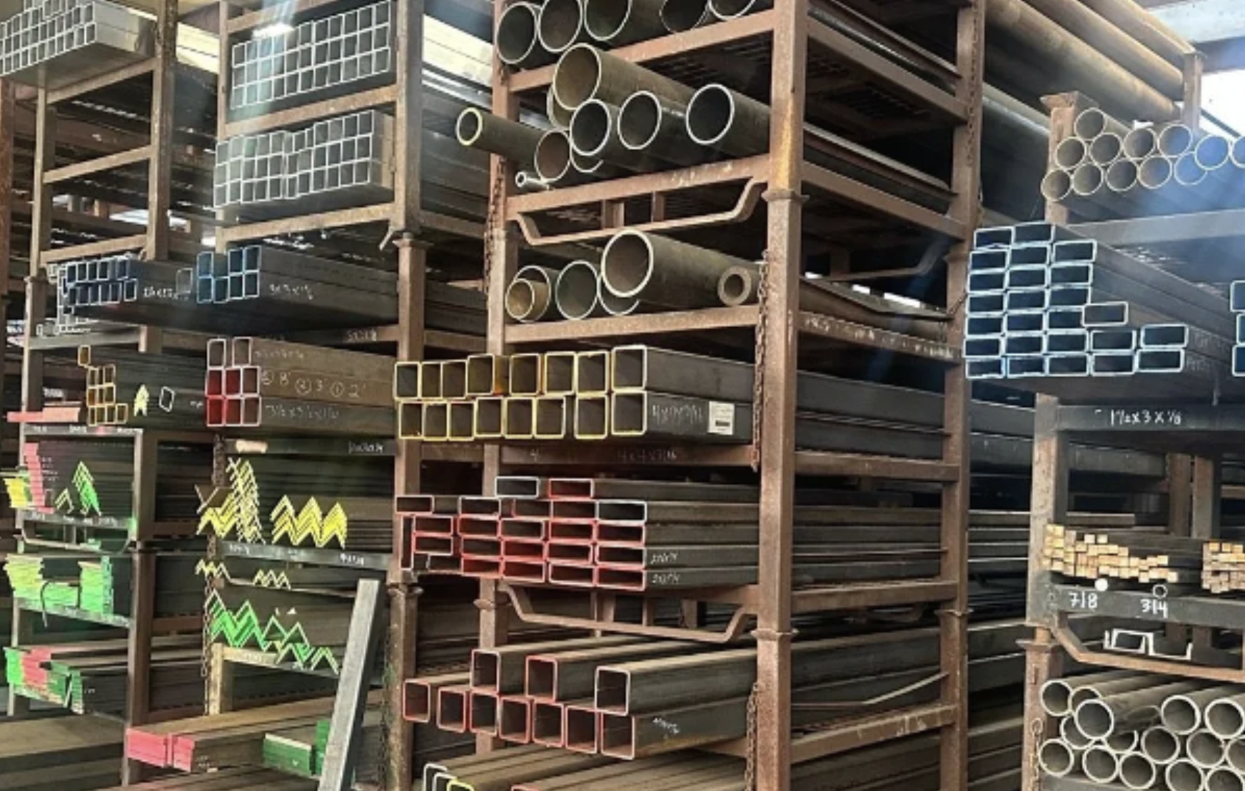 Steel pipes and metal bars stored on wooden racks in a warehouse.