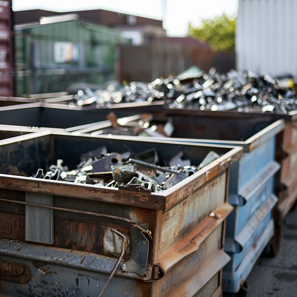 Rusty trash bins filled with metal scrap and discarded automotive parts outdoors.