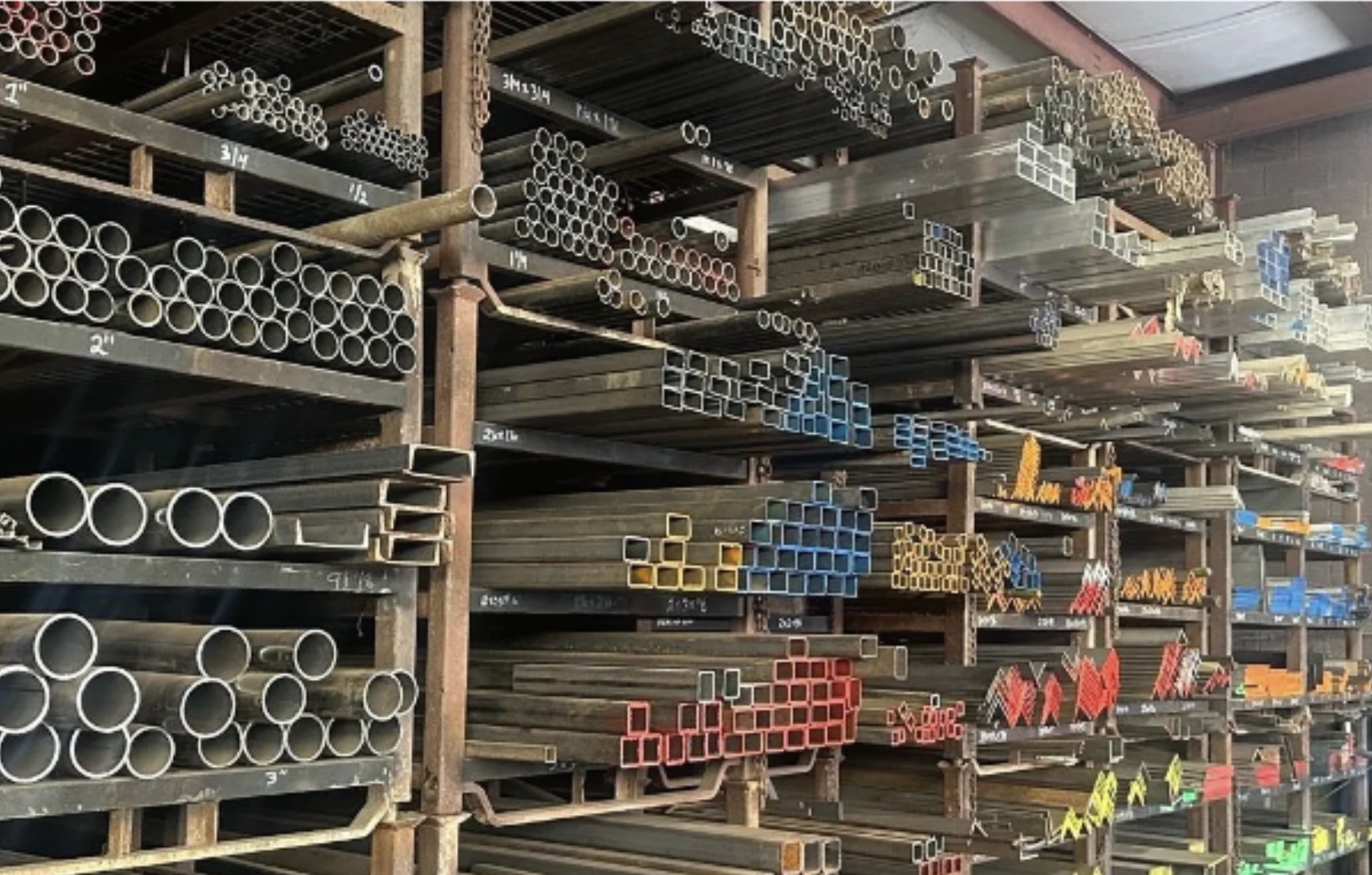 Metal pipes and square tubes stored on metal shelves in a hardware store or warehouse, organized by shape and size, with colorful labels.