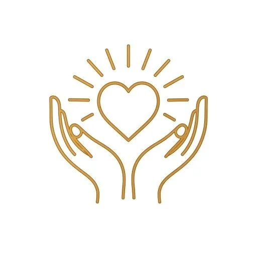 Open hands holding a heart with radiant lines around it, symbolizing healing, care and love.