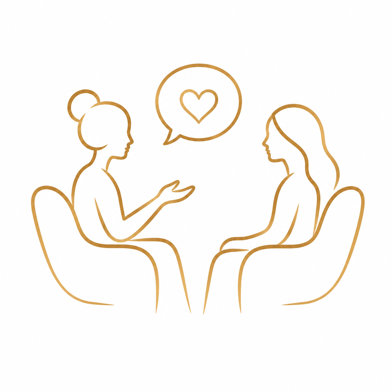 Two women sitting across from each other, having a conversation with a speech bubble containing a heart symbol, representing coaching.