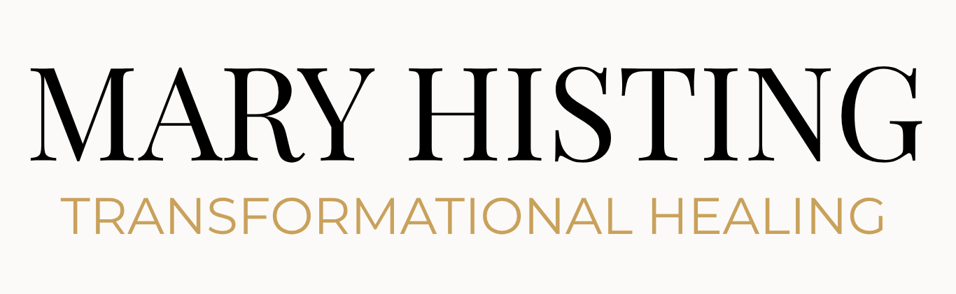 Text saying 'Mary Histing' in large black font and 'Transformational Healing' in smaller gold font.