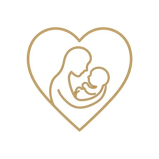 Line drawing of a mother holding her baby inside a heart outline.