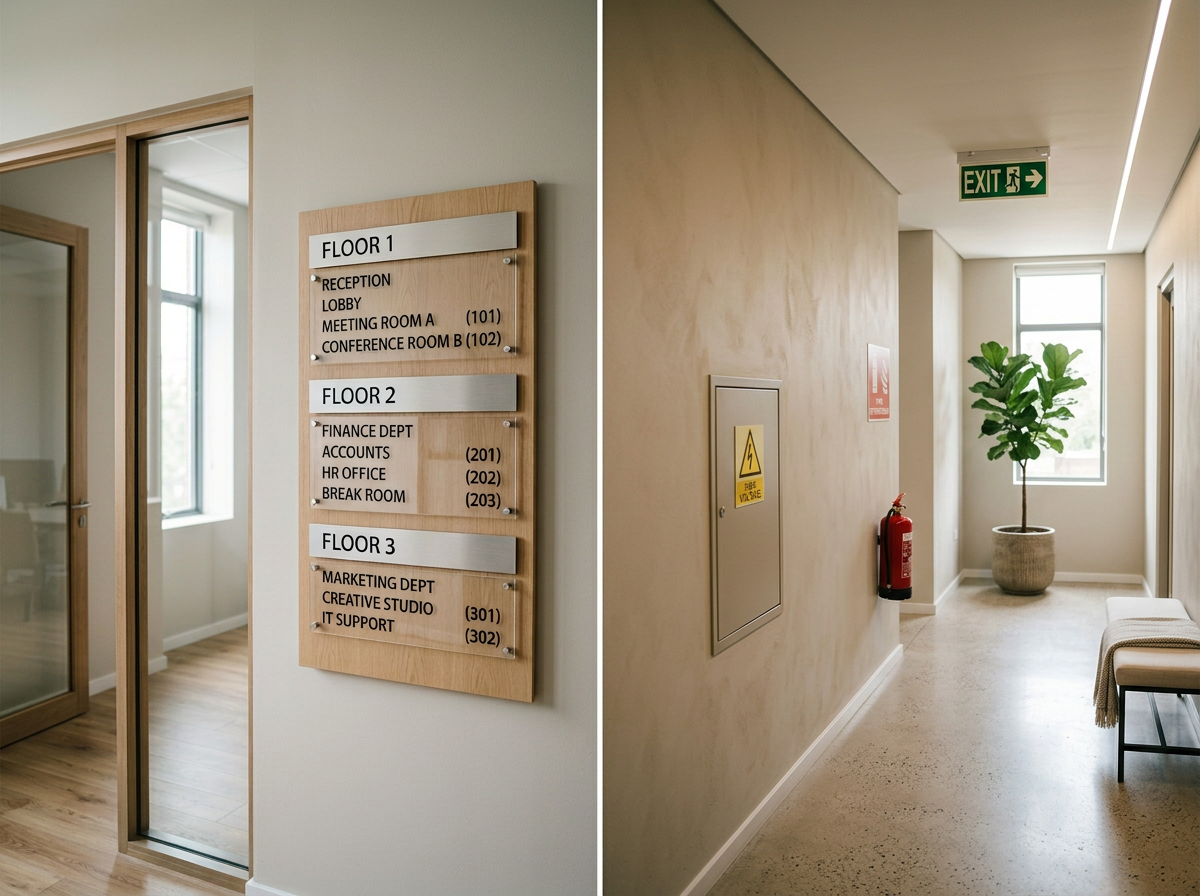 Hospital or office building interior with directory sign listing floors and room locations, and a hallway with an exit sign, fire extinguisher, potted plant, and window.