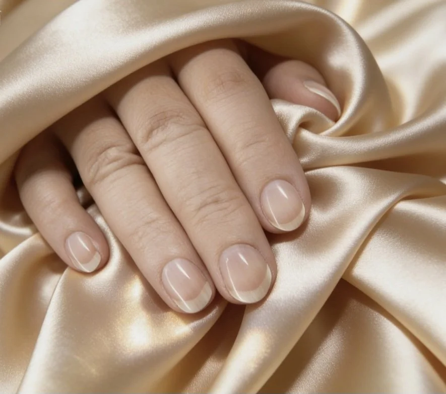 Close-up of a person's hand resting on a shiny, silk fabric, showing neatly manicured nails with natural pink polish and white tips.