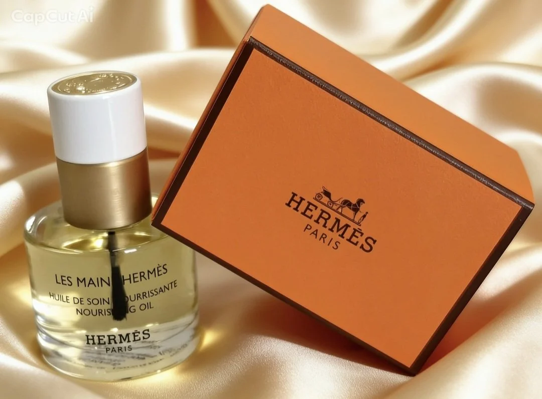 A bottle of Hermès nourishing hand oil next to an orange Hermès box, all placed on silky fabric.