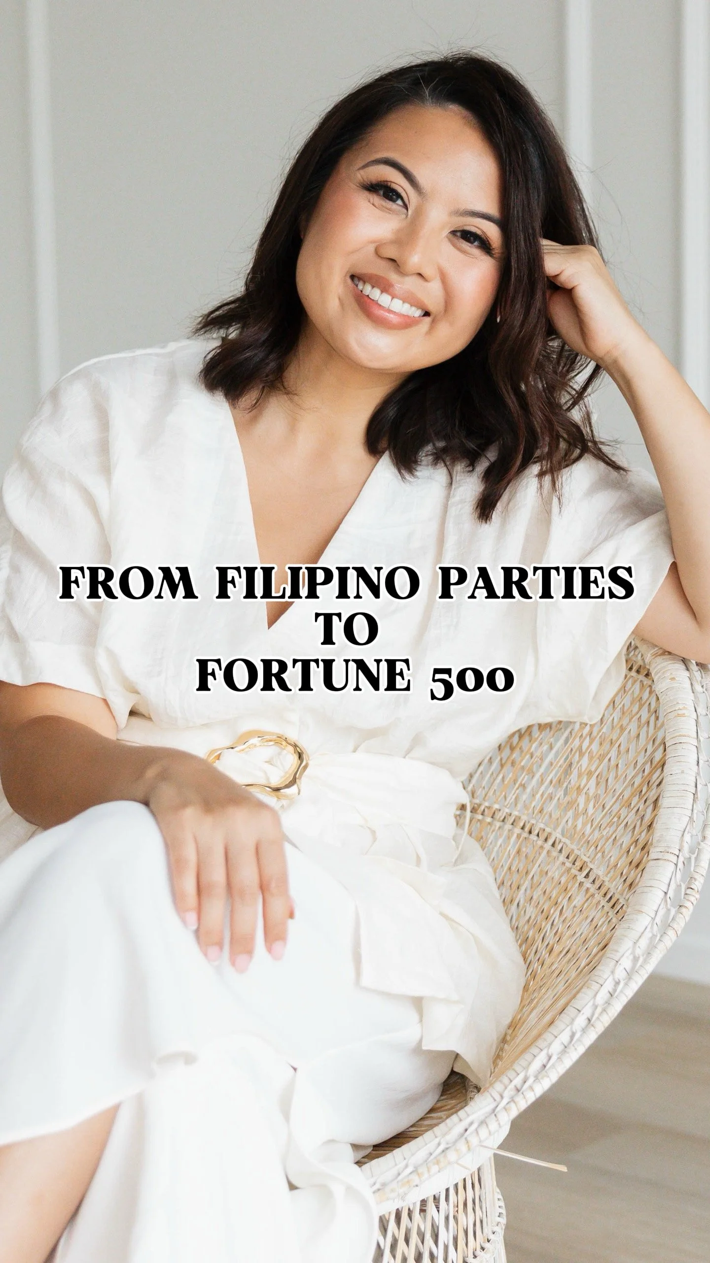 Kristine Allen, founder of MILA Co Advisory, smiling on a wicker chair in a white blouse. Image features the text overlay: 'From Filipino Parties to Fortune 500,' bridging her hospitality roots with her tech consulting background.