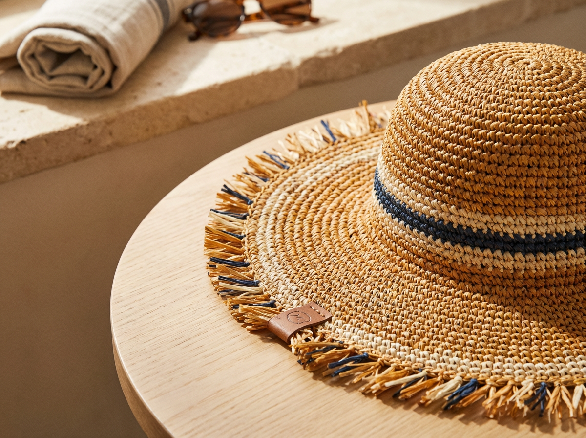 A woven straw hat with a wide brim and a black band, placed on a light-colored wooden surface. In the background, there is a rolled-up beige towel and a pair of sunglasses on a light stone surface.