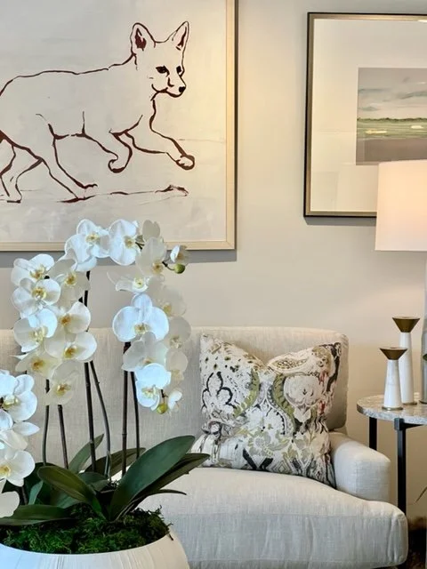 Living room with a white sofa, floral pillow, white orchids in a pot, framed dog line art, and a lamp on a side table.