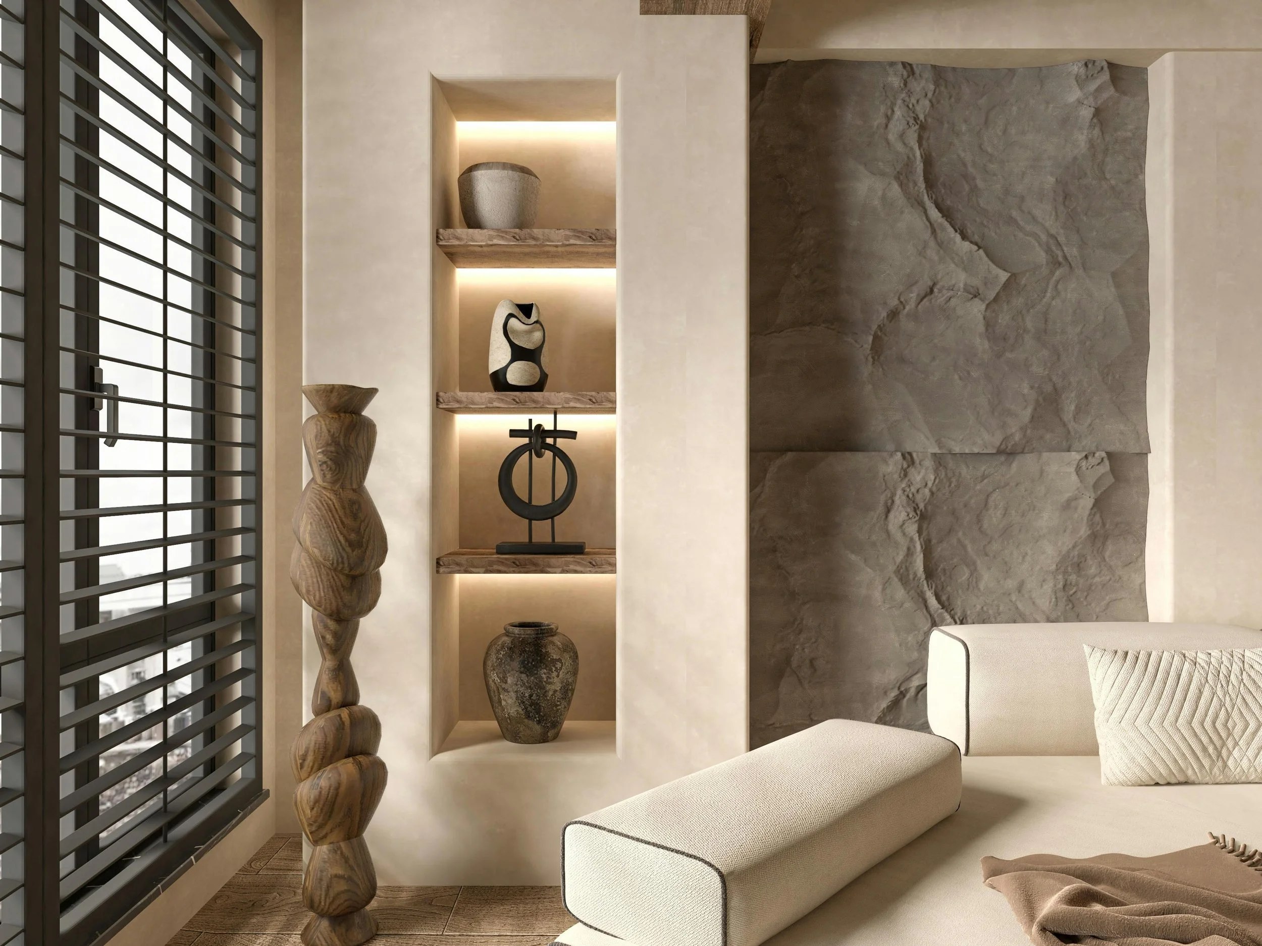 Interior of a modern home with decorative shelves displaying vases and sculptures, a large window with grill shutters, and a comfortable beige upholstery sofa with textured pillows.