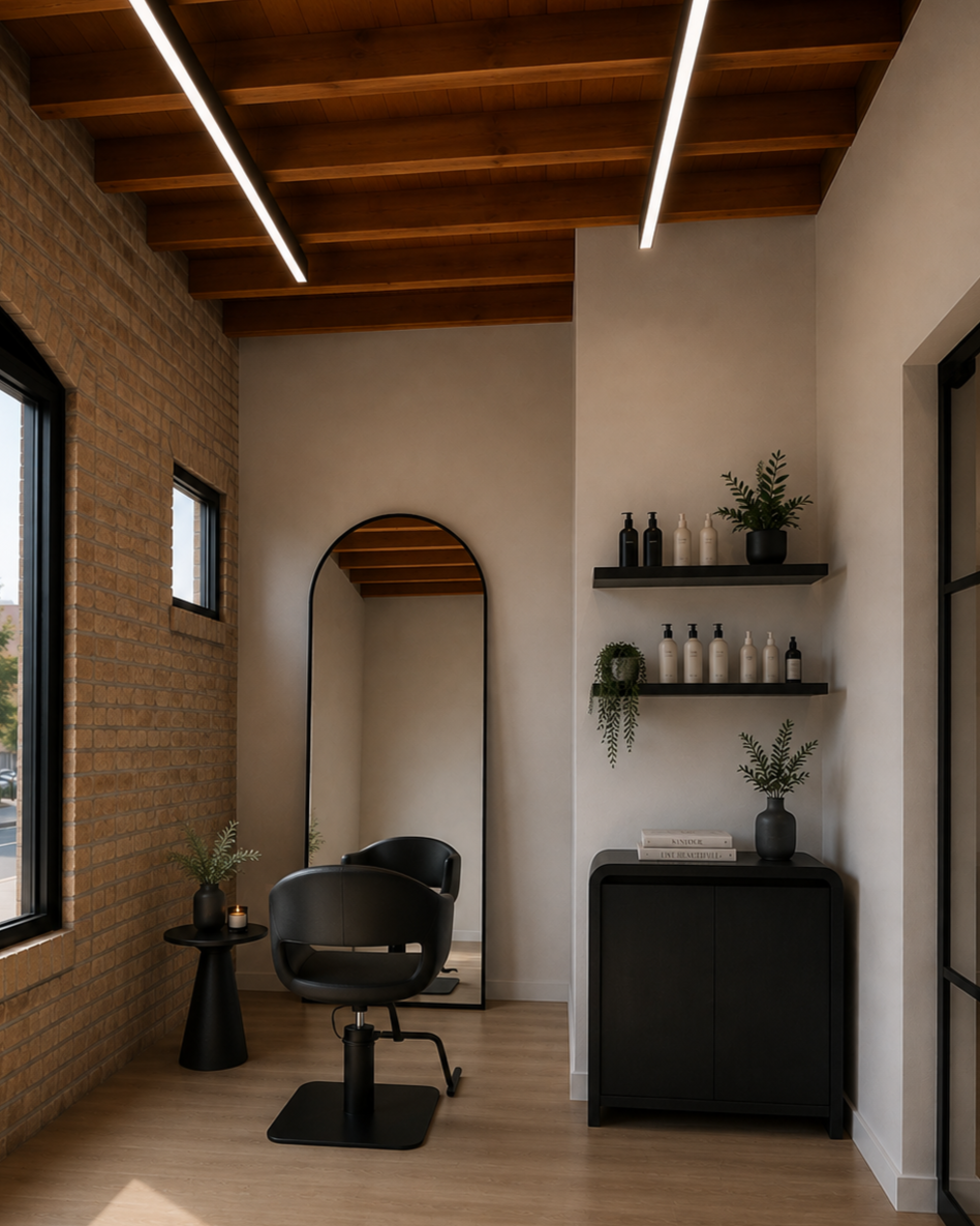 Modern salon interior featuring a black styling chair, a small black side table with greenery, black shelves with bottles and potted plants, a large mirror, and wood-paneled ceiling with LED lighting.