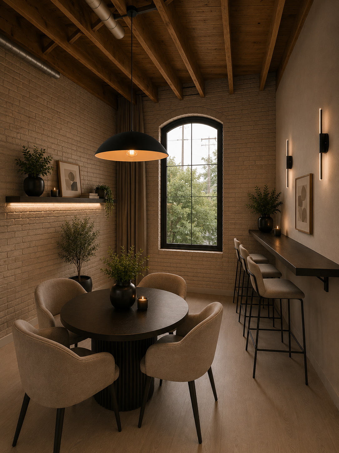 A cozy dining area with a round black table surrounded by five beige upholstered chairs, decorated with vases of greenery and candles. The room features a large arched window, wooden ceiling beams, and a brick wall with floating shelves and minimalistic artwork, creating a warm ambiance with soft lighting.