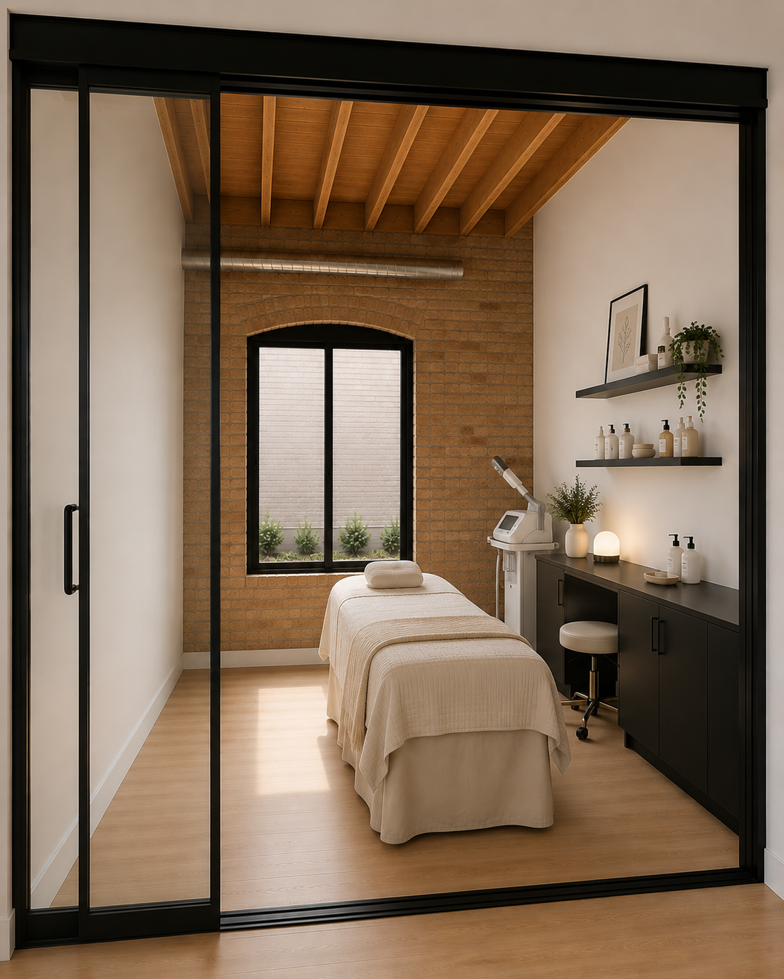 A minimalist spa treatment room with a massage bed covered in beige linens, positioned by a window with potted plants outside. The room features exposed brick walls, black cabinetry, floating shelves with bottles, a small stool, and a skincare device, all illuminated by soft ambient lighting.