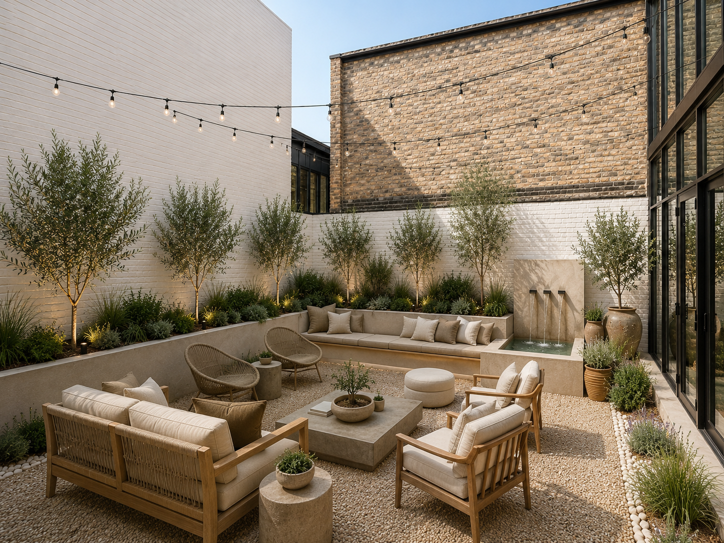 Outdoor patio seating area with beige cushioned chairs, small tables, and a long built-in beige sofa with pillows, surrounded by potted plants, small trees, and string lights overhead, with a textured brick wall and water feature in the background.