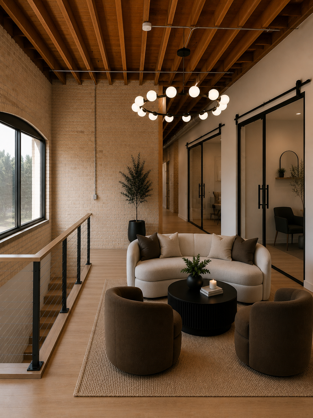Modern living room with a curved white sofa, two brown chairs, black round coffee table, black pendant chandelier, and a potted plant on a black stand near a brick wall and large window.