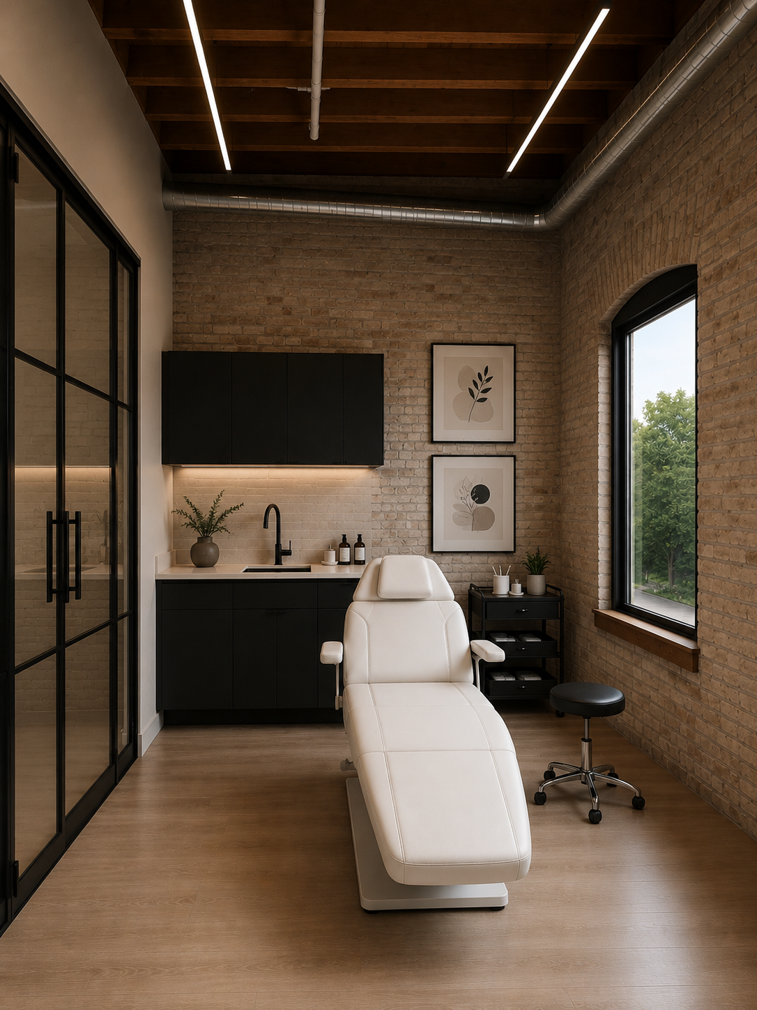 Medical examination room with a white adjustable chair, black cabinetry with a sink, framed botanical artwork, a window showing greenery outside, and a black rolling stool.