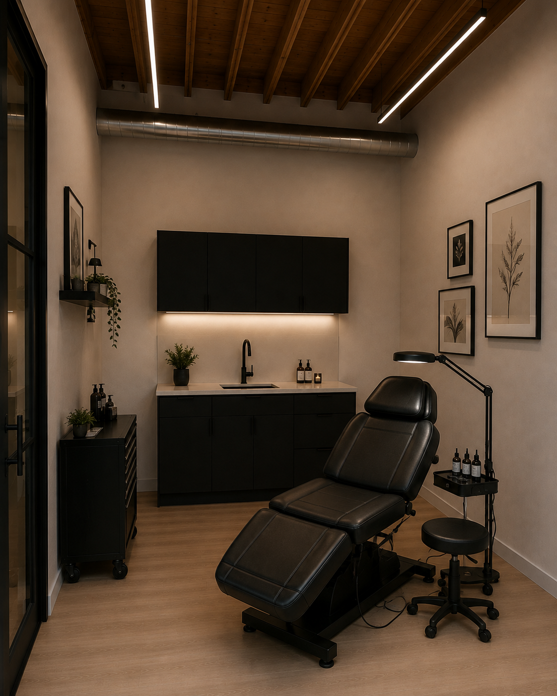A modern, minimalist tattoo salon room with a black tattoo chair, a small black rolling table, and wall art of botanical prints. The room features wood flooring, a black cabinet with a sink, and ceiling with wooden beams and linear LED lighting.