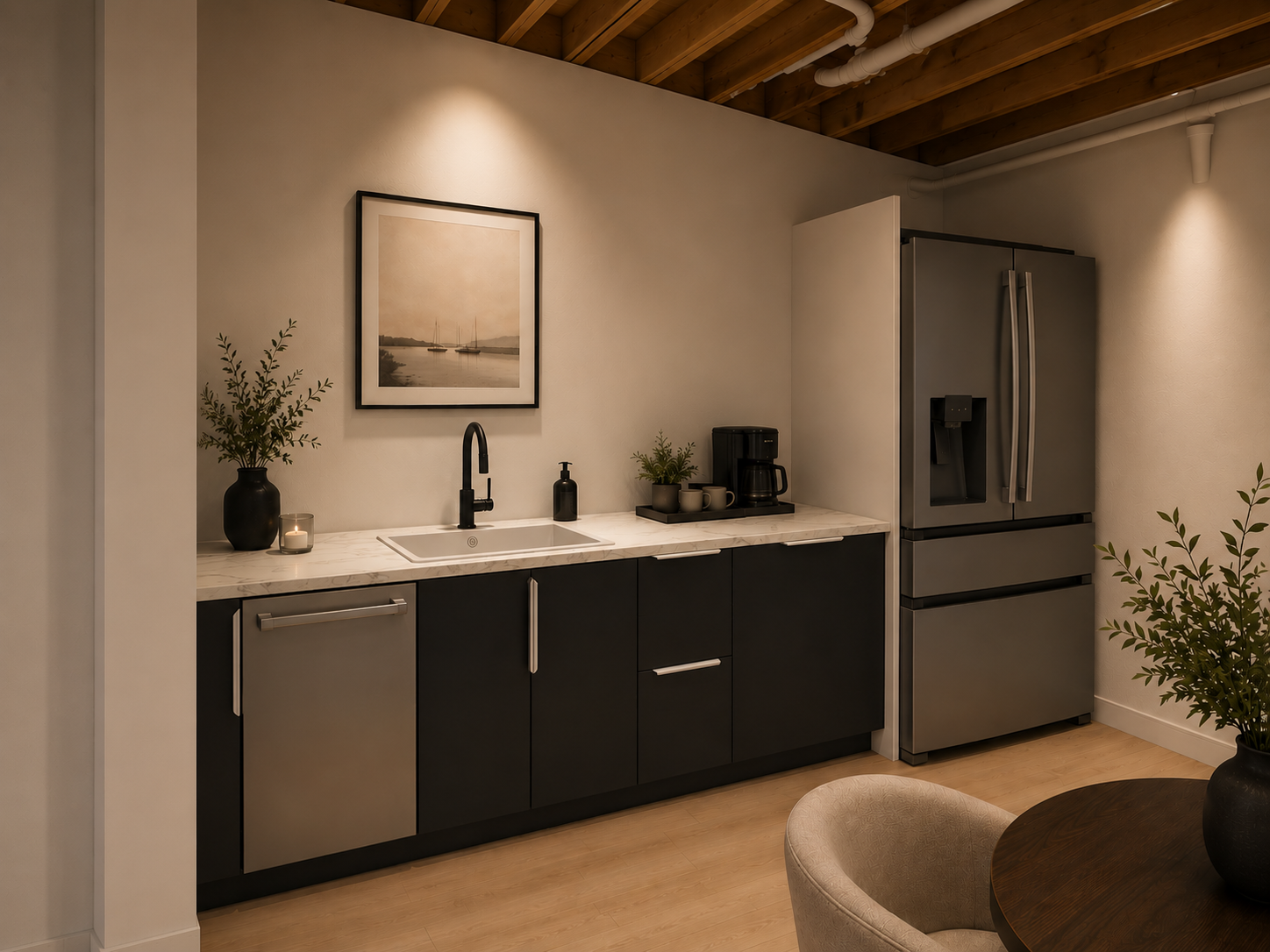 Modern kitchen with black and stainless steel cabinets, white marble countertop, black faucet, sink, potted plants, candles, coffee maker, large refrigerator, and wall art depicting sailboats on water.