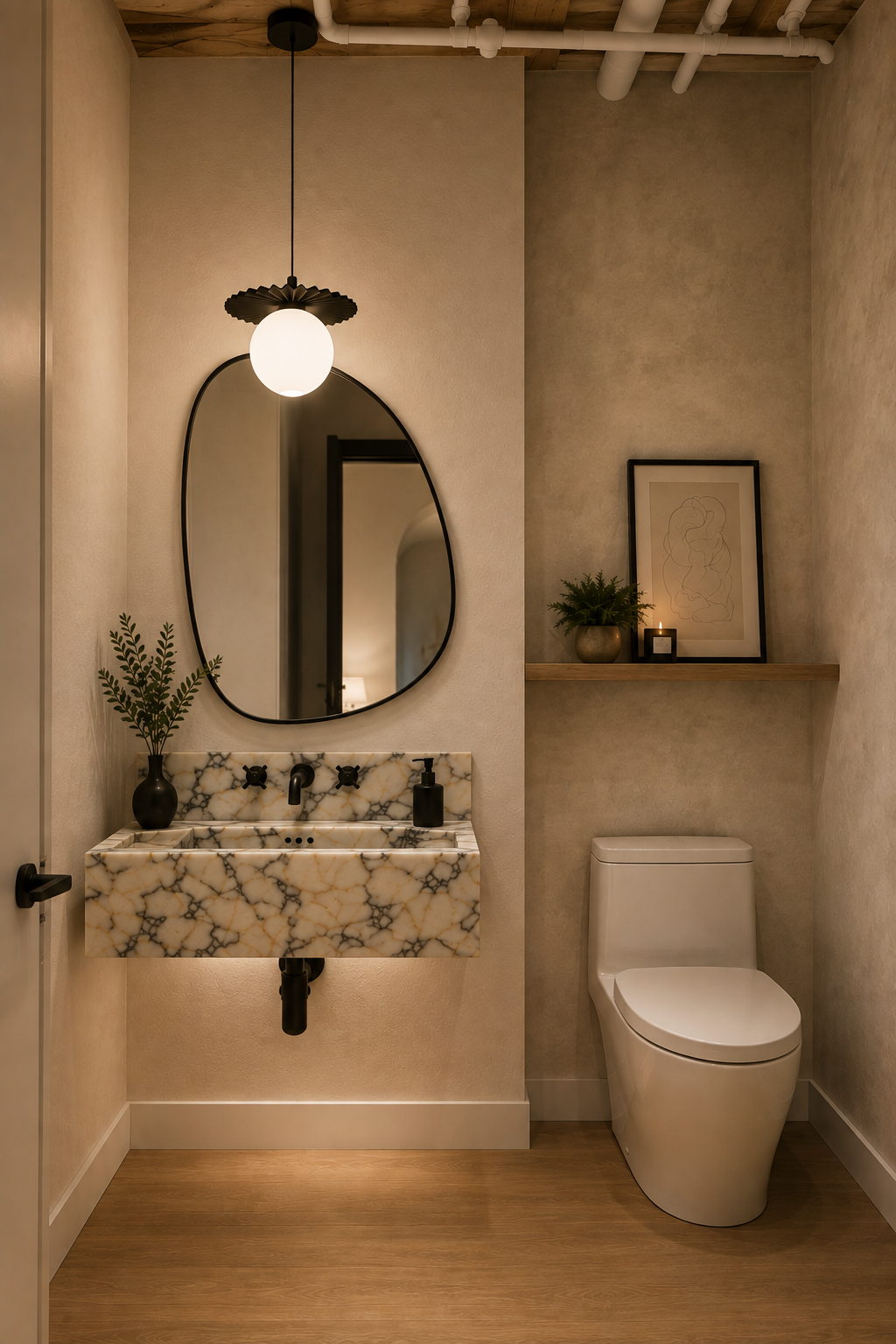 Modern bathroom with a marble sink, black fixtures, a large mirror, a white toilet, and decorative plants and artwork on the wall.