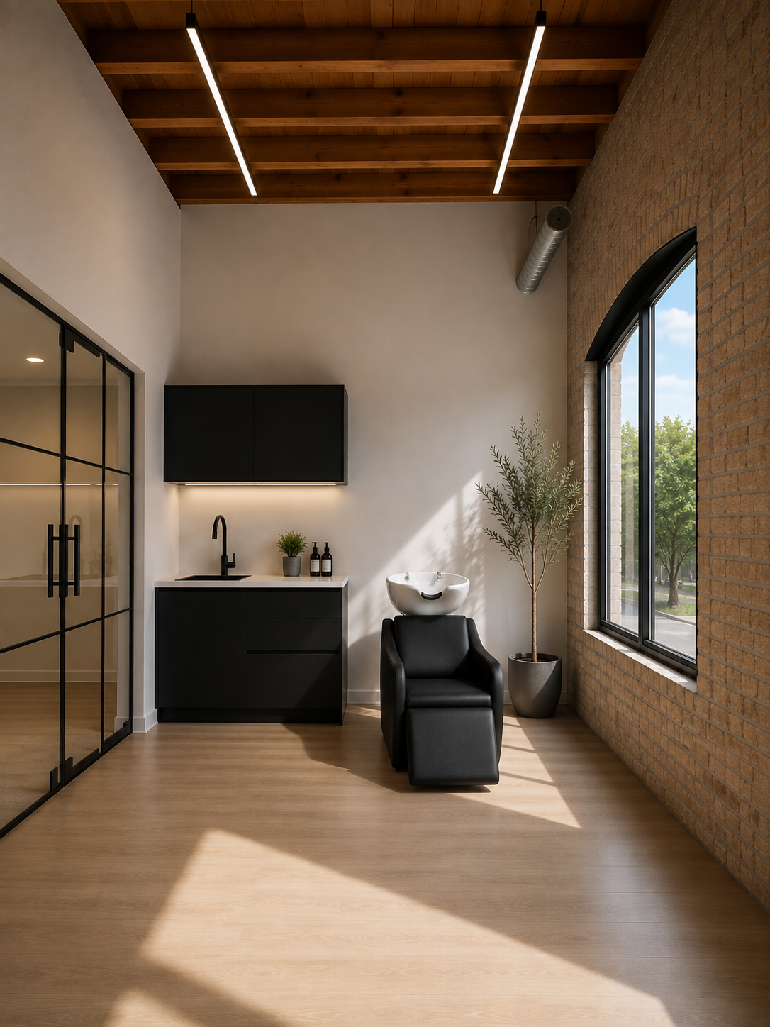 Modern salon with black styling chair, white sink, potted plant, large window, brick wall, wooden ceiling, and minimalist decor